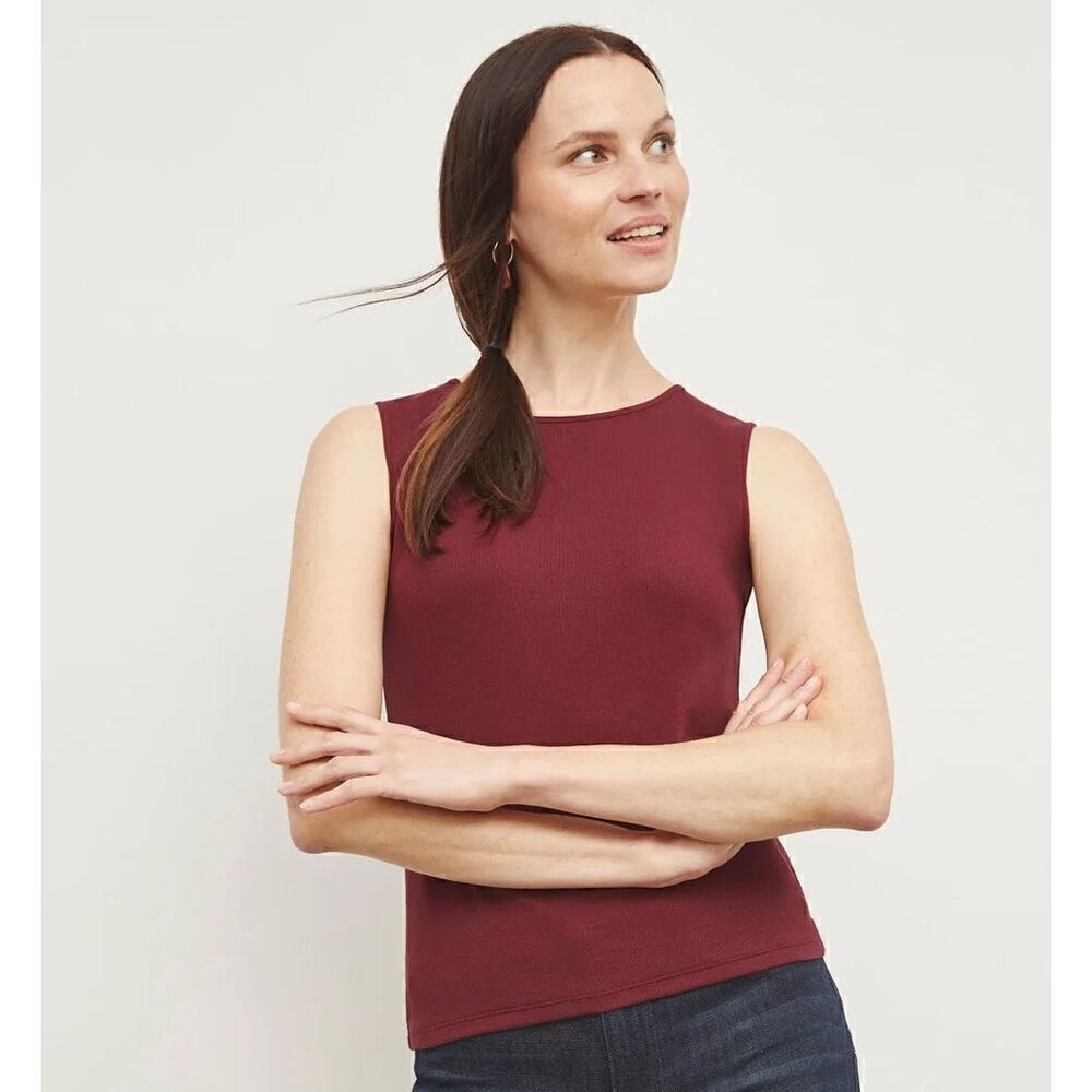 M M Lefleur Pima Cotton Fine Ribbed Sleeveless Tank, Cranberry. XS.
